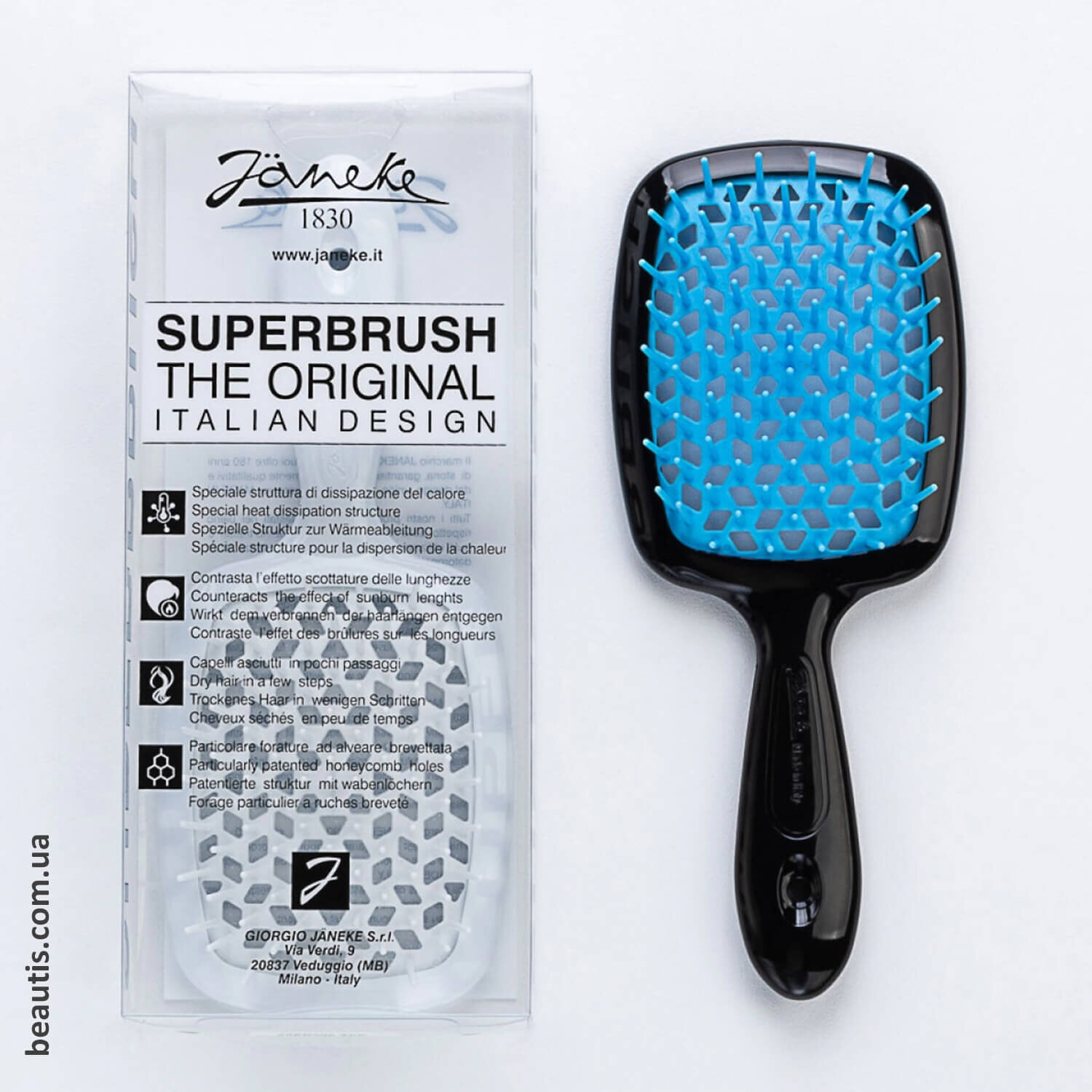Гребінець чорний з блакитним Janeke Superbrush Standart Black & Blue