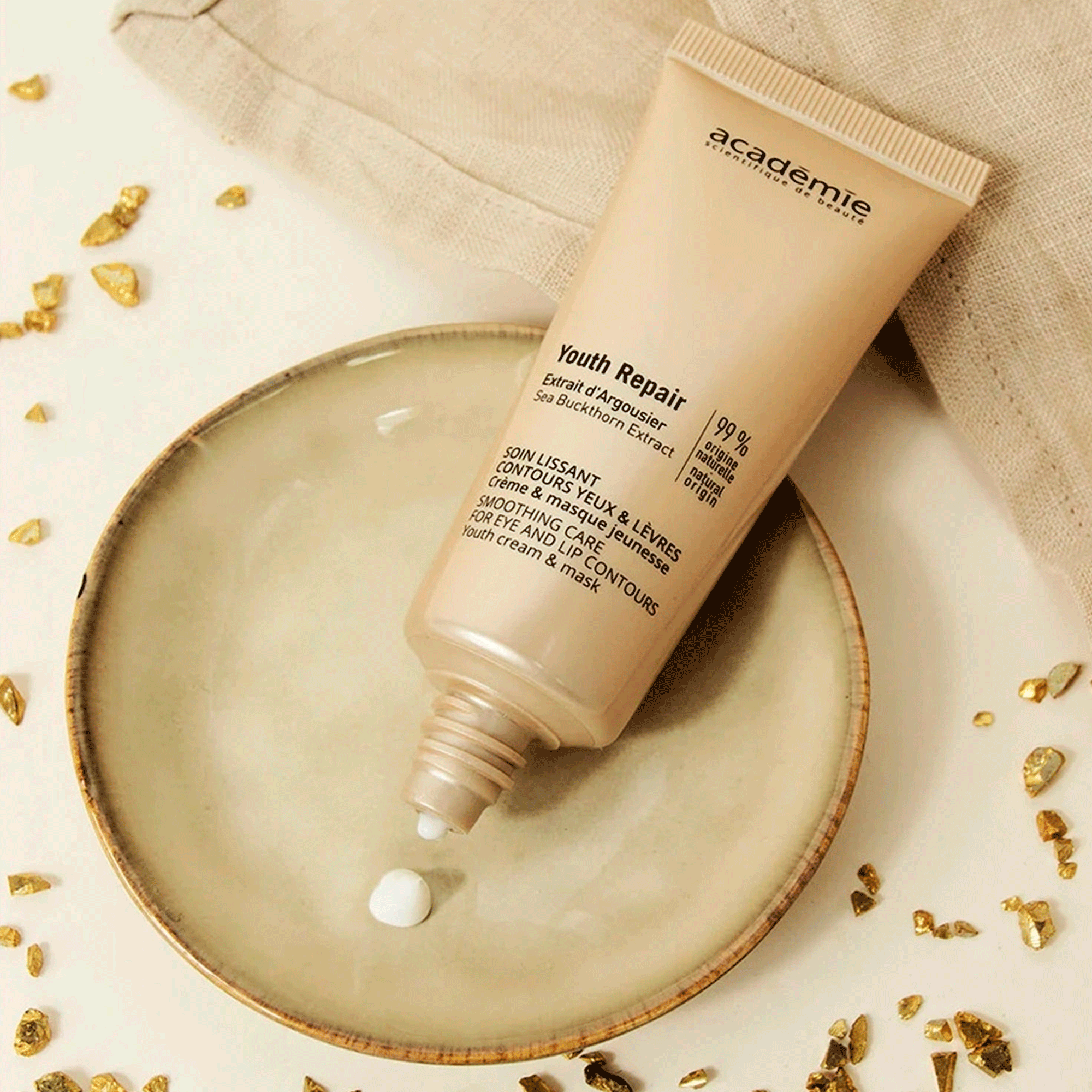 Омолоджувальна крем-маска для очей та губ з екстрактом обліпихи Academie Youth Repair Smoothing Care Eye & Lip Youth Cream & Mask