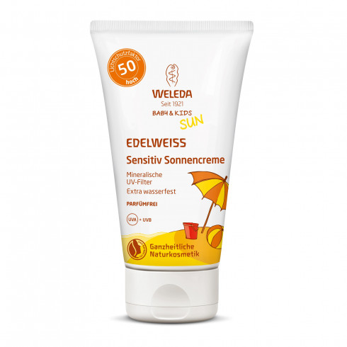 Солнцезащитный детский крем для чувствительной кожи SPF 50 Эдельвейс Weleda Edelweiss Baby&Kids Sun SPF 50