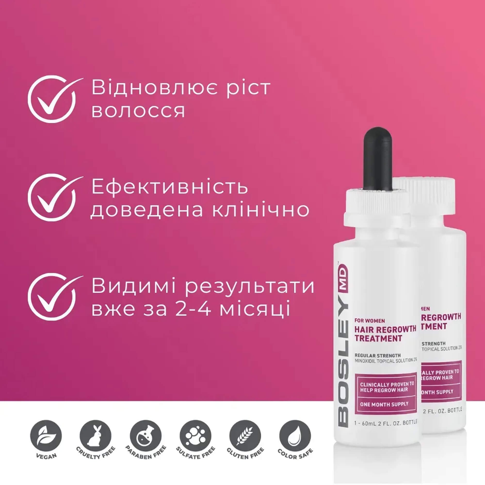 Раствор с миноксидилом 2% для восстановления роста волос у женщин Bosley MD Hair Regrowth Treatment For Women
