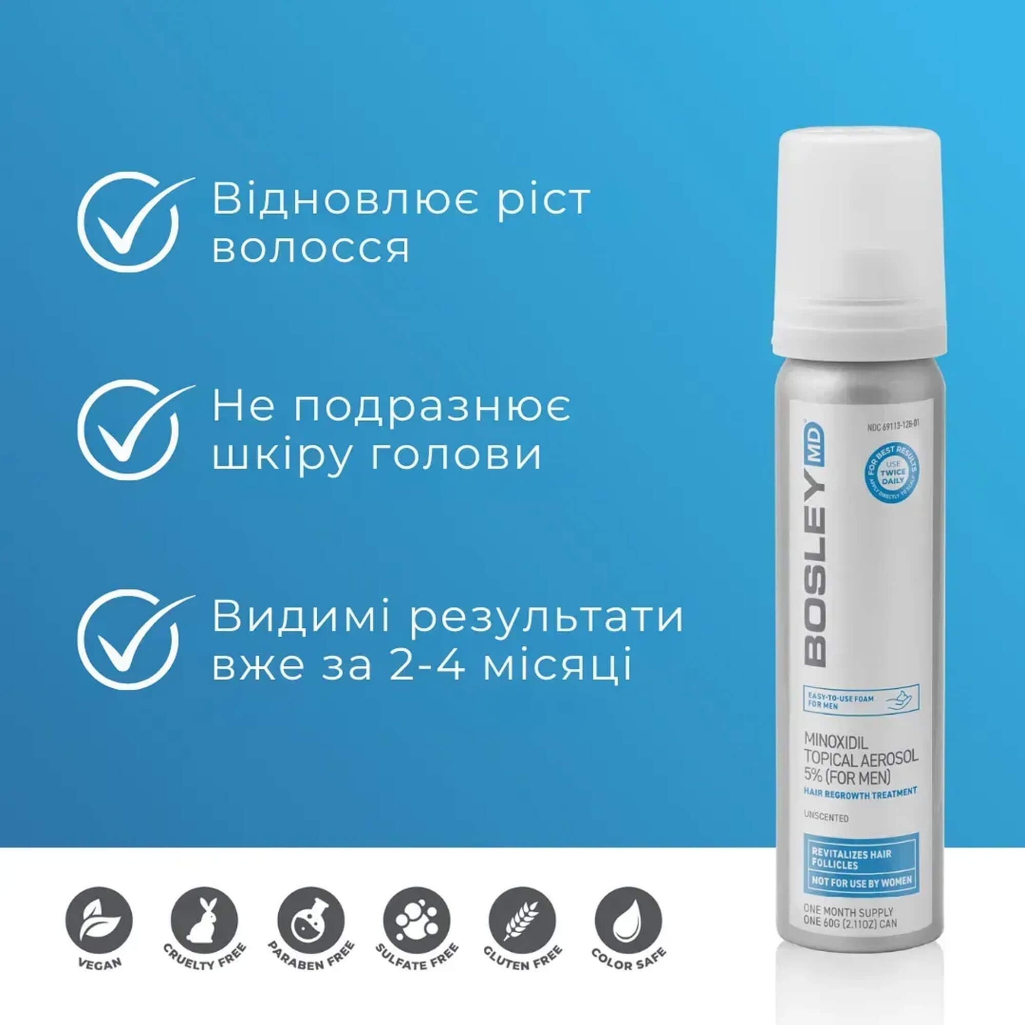 Пена с миноксидилом 5% для восстановления роста волос у мужчин (курс 1 месяц) Bosley MD Minoxidil Topical Aerosol for Men