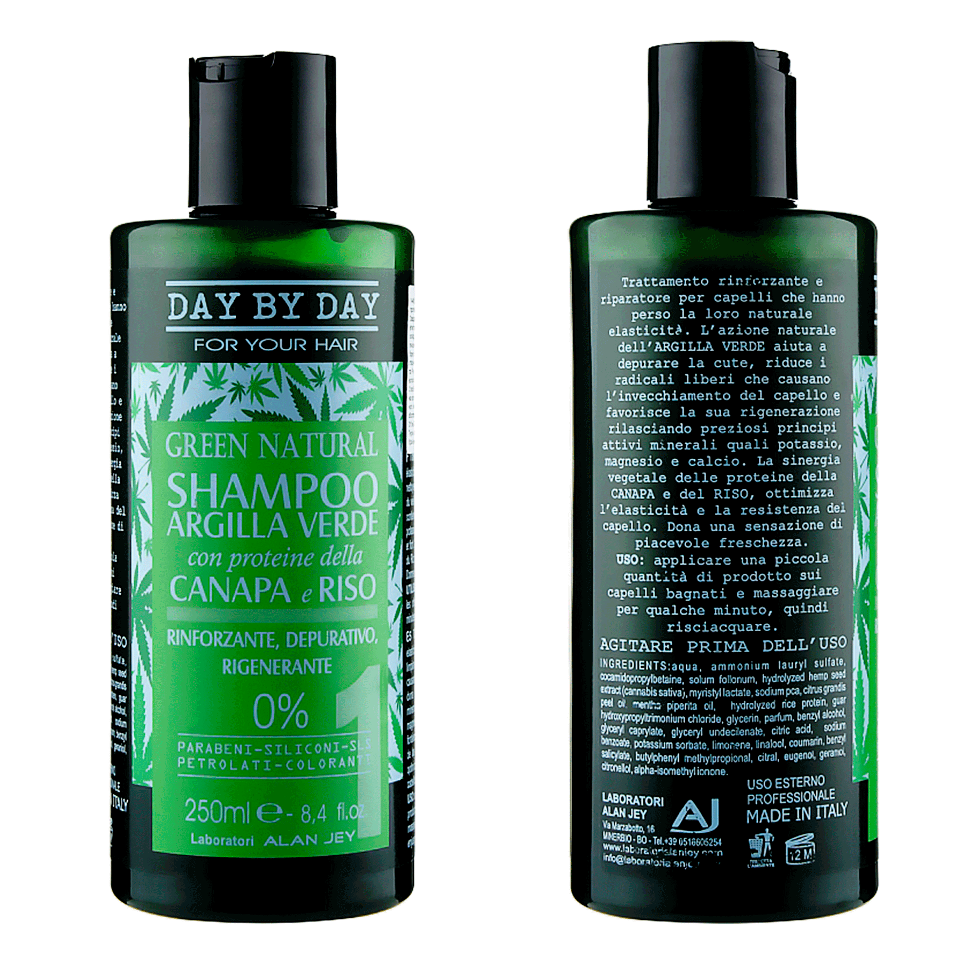 Шампунь с зеленой глиной, протеинами конопли и риса Alan Jey Green Natural Argilla Verde Con Proteine Della Canapa E Riso