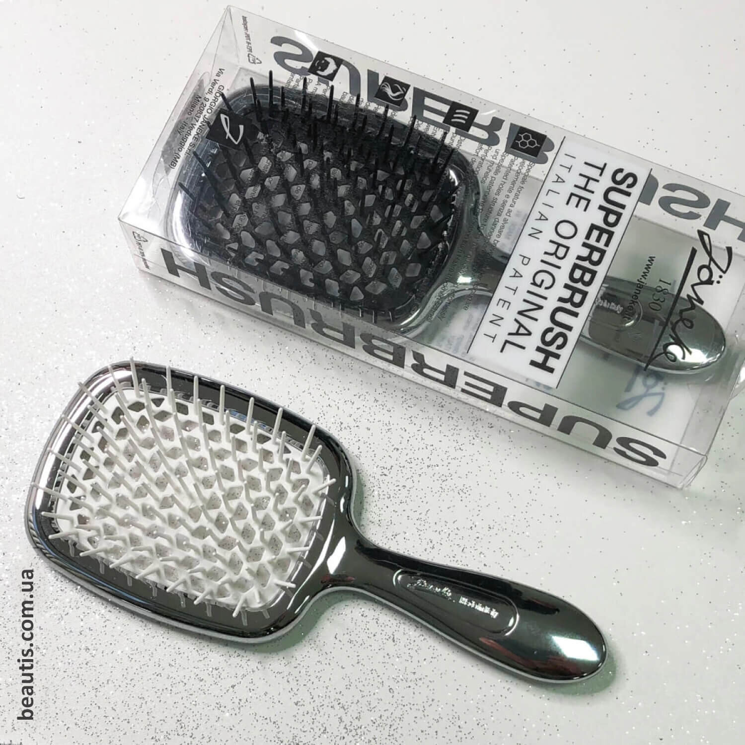 Гребінець хромований з білим Janeke Superbrush Standart Сhrome Colour